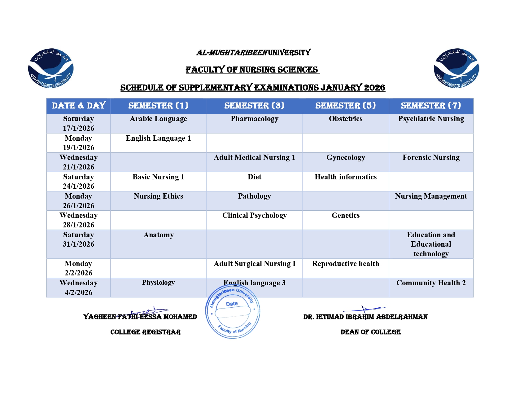 كلية علوم التمريض - جدول امتحانات الملاحق والبدايل وزالة الرسوب